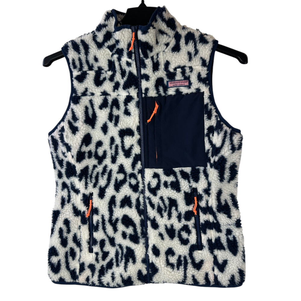Vineyard Vines Leopard Print Mixed Media Sherpa Vest Supershep Women's Size XS - Picture 2 of 13